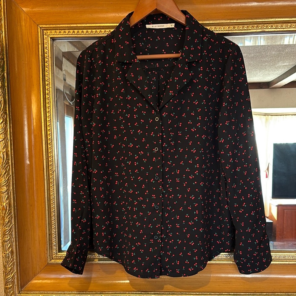 Ellison Black & Red Cherry Button Down Top - Size S